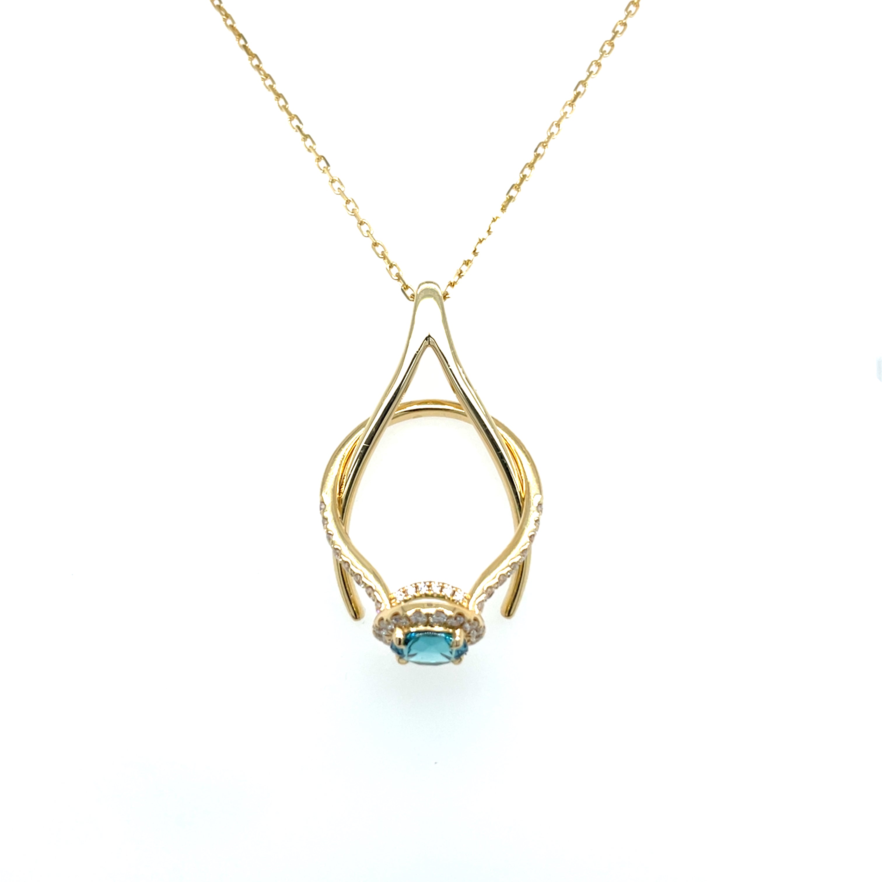18kt geelgouden collier wishbone hanger voor het aan hangen van een ring