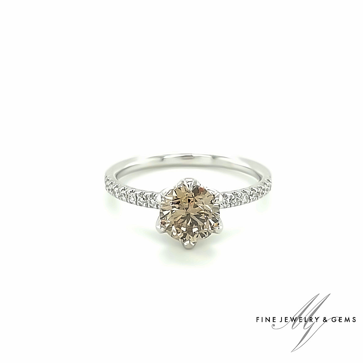 18kt verlovings witgouden solitair ring bezet met champagne diamant & diamanten in band