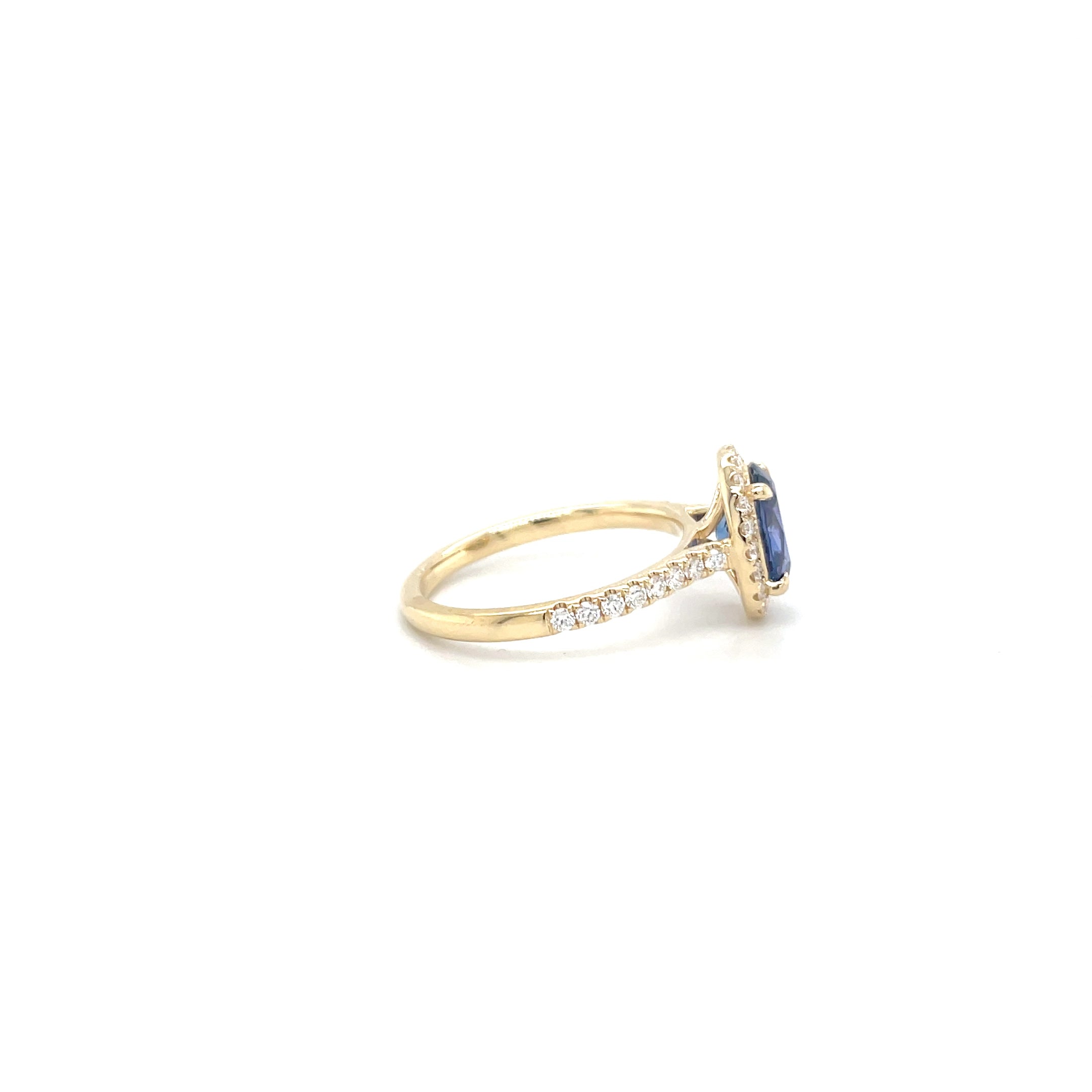 18kt geelgouden halo ring bezet met saffier en diamant