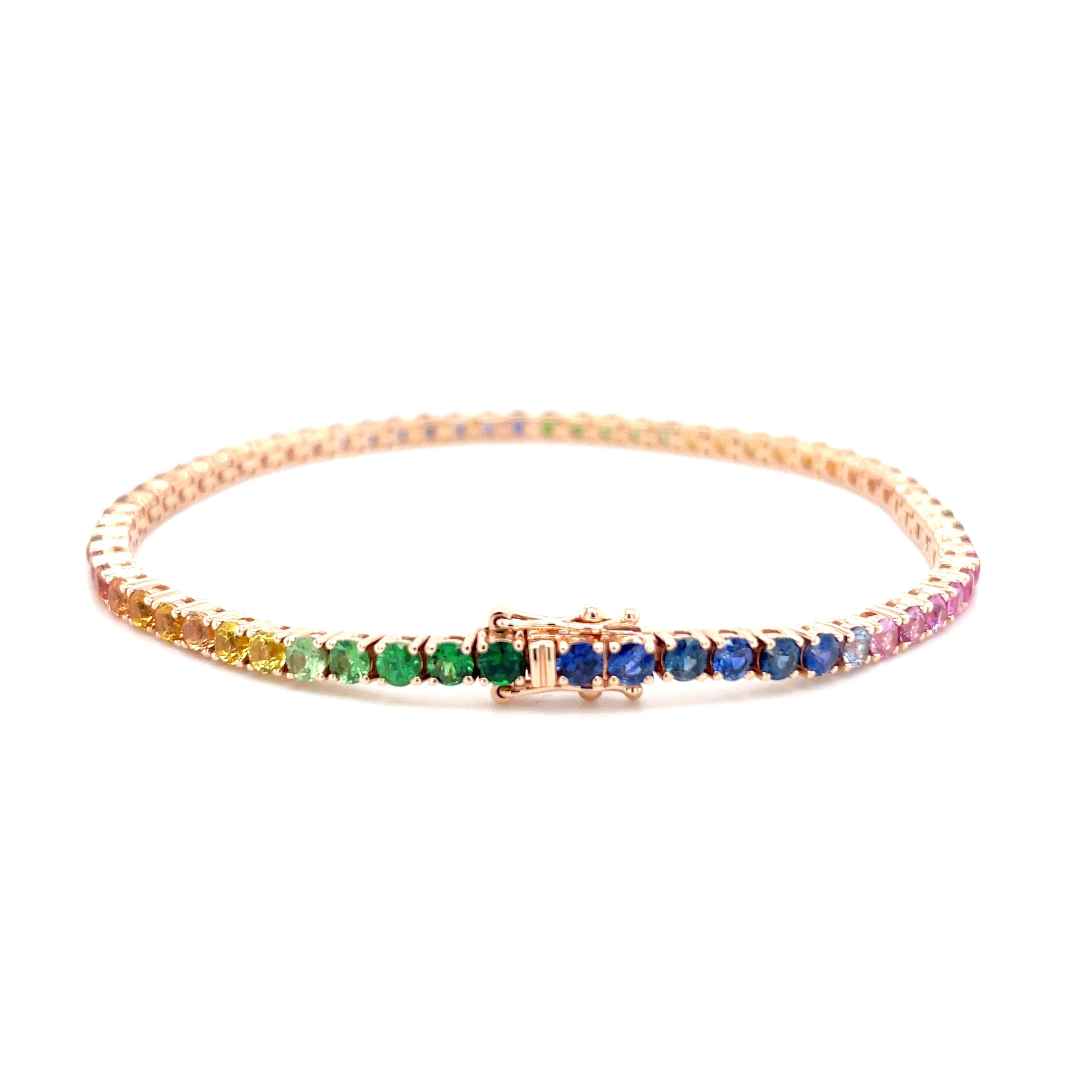 18kt rosegouden tennis armband bezet met regenboog saffier