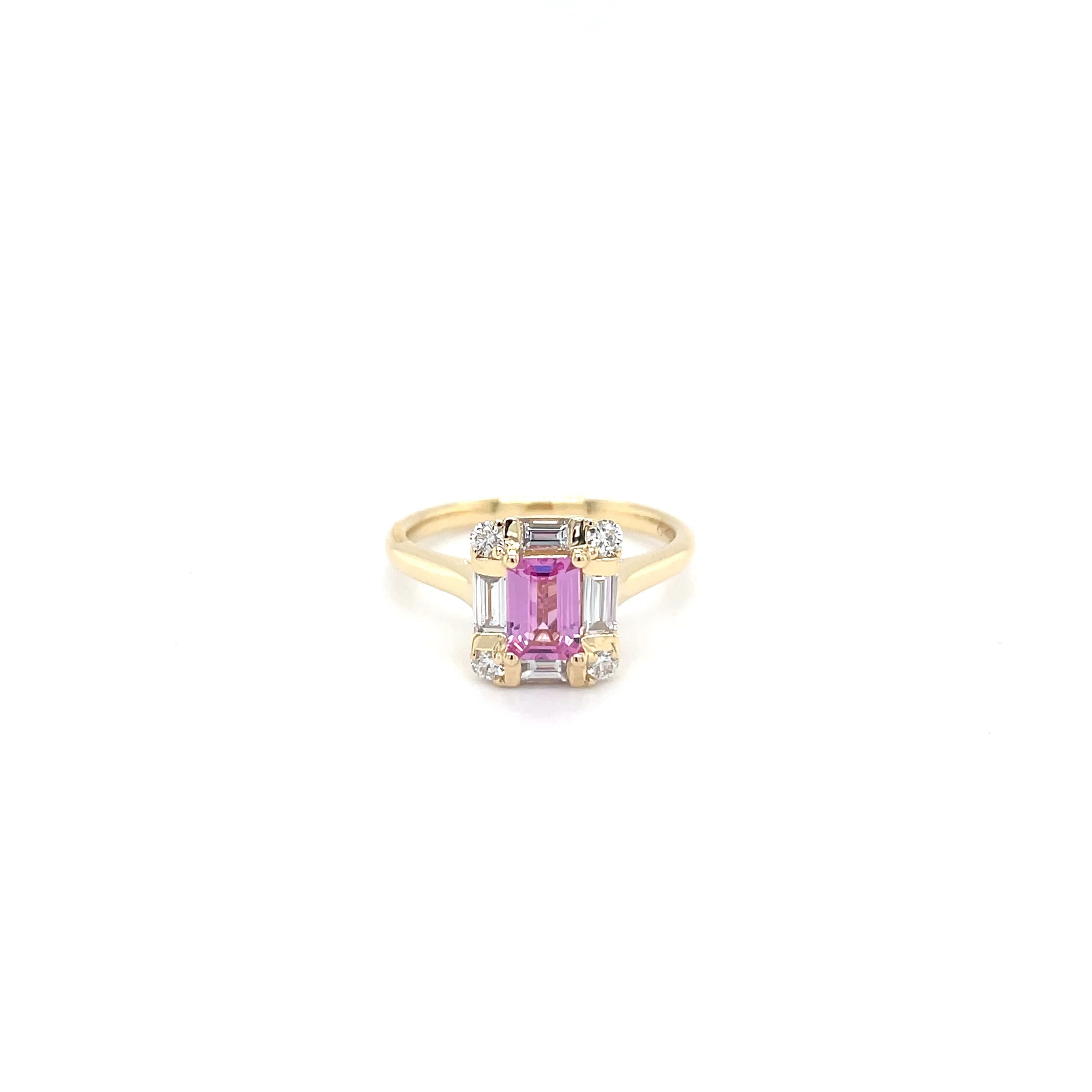 18kt geelgouden ring bezet met roze saffier en diamant