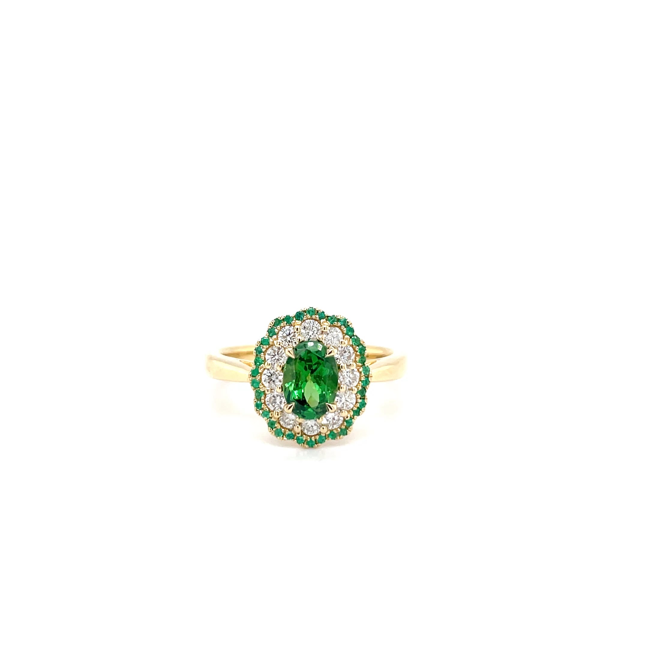 18kt geelgouden ring bezet met tsavoriet, smaragd en diamant.