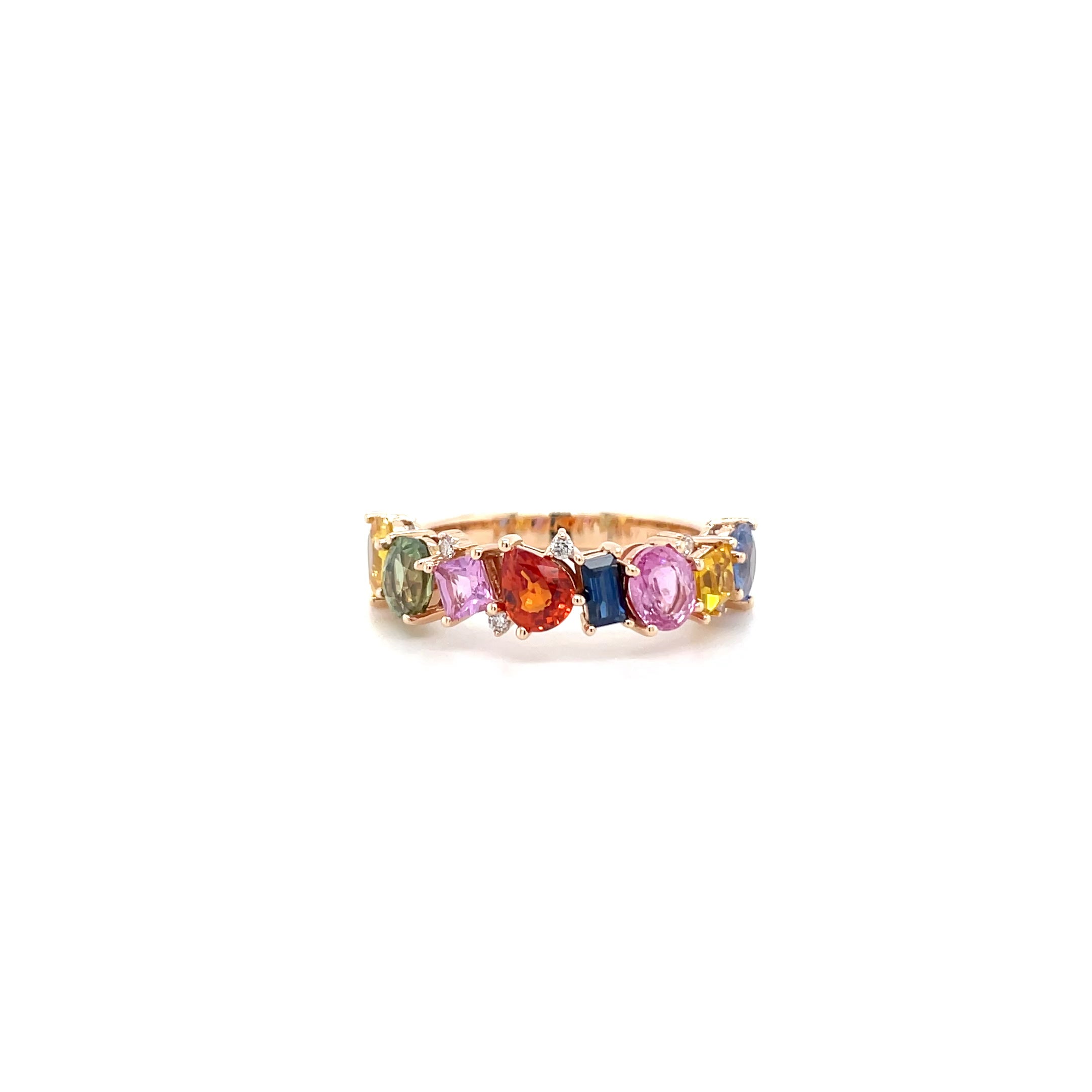 18kt rosegouden ring bezet met multicolor edelstenen, saffier en diamant.