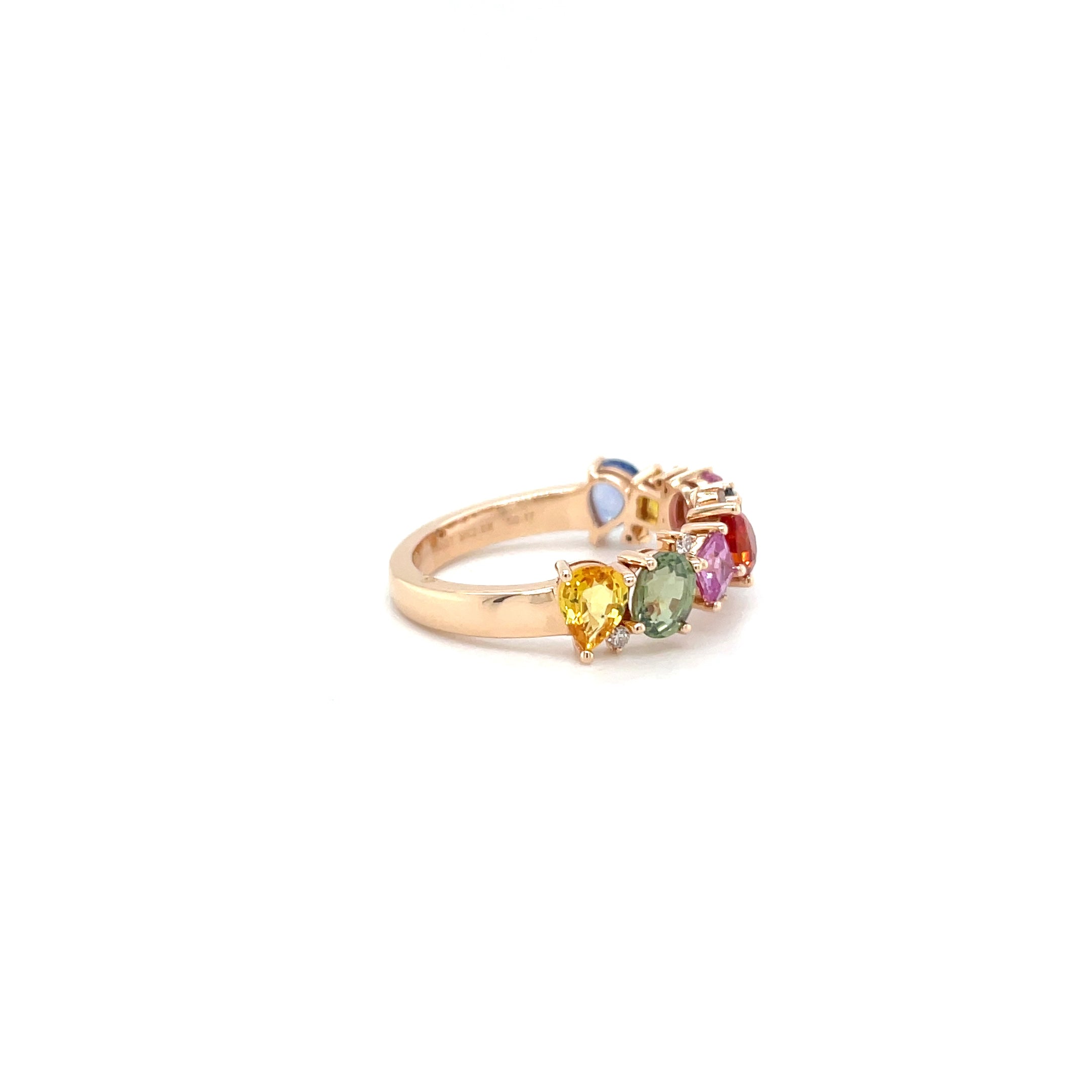 18kt rosegouden ring bezet met multicolor edelstenen, saffier en diamant.