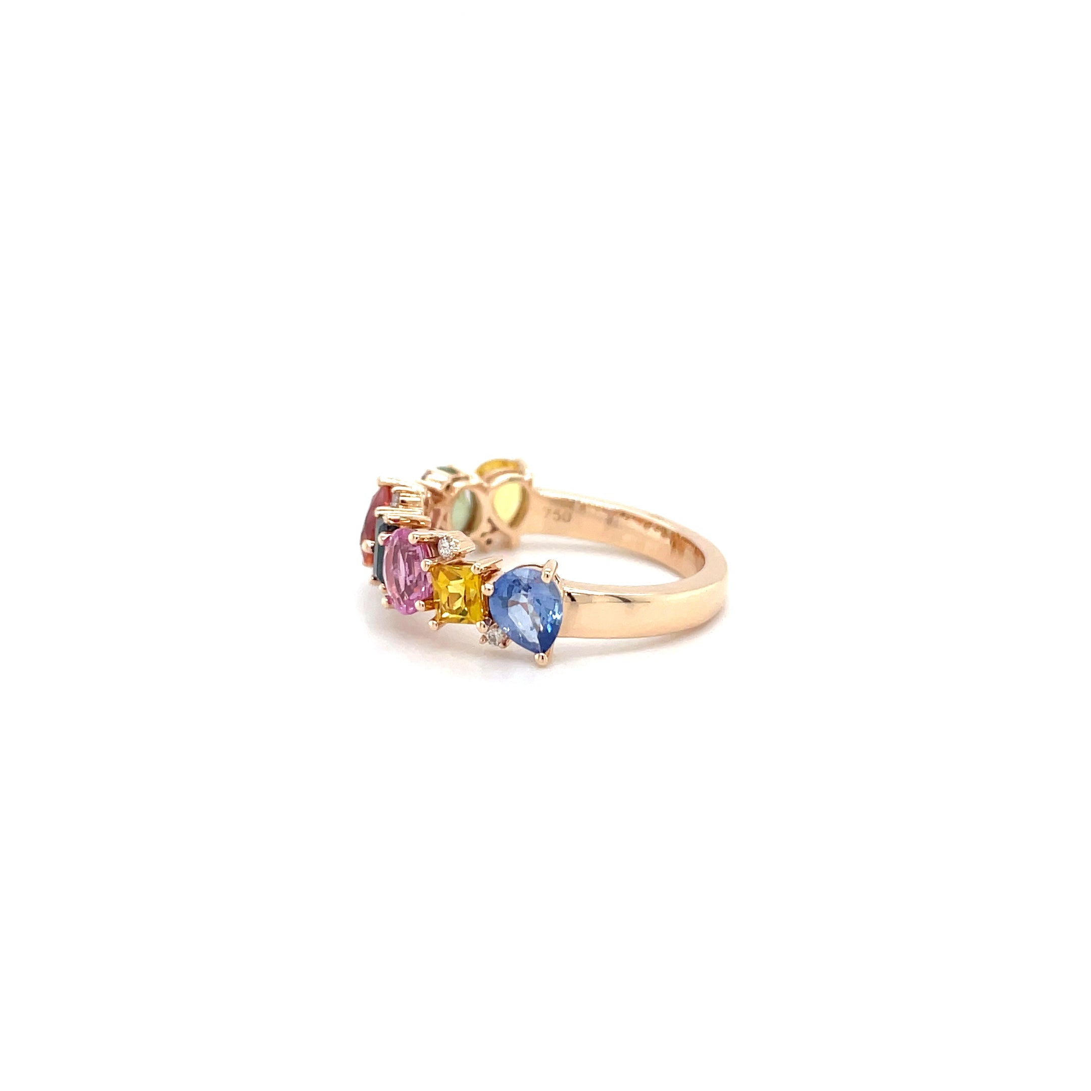 18kt rosegouden ring bezet met multicolor edelstenen, saffier en diamant.