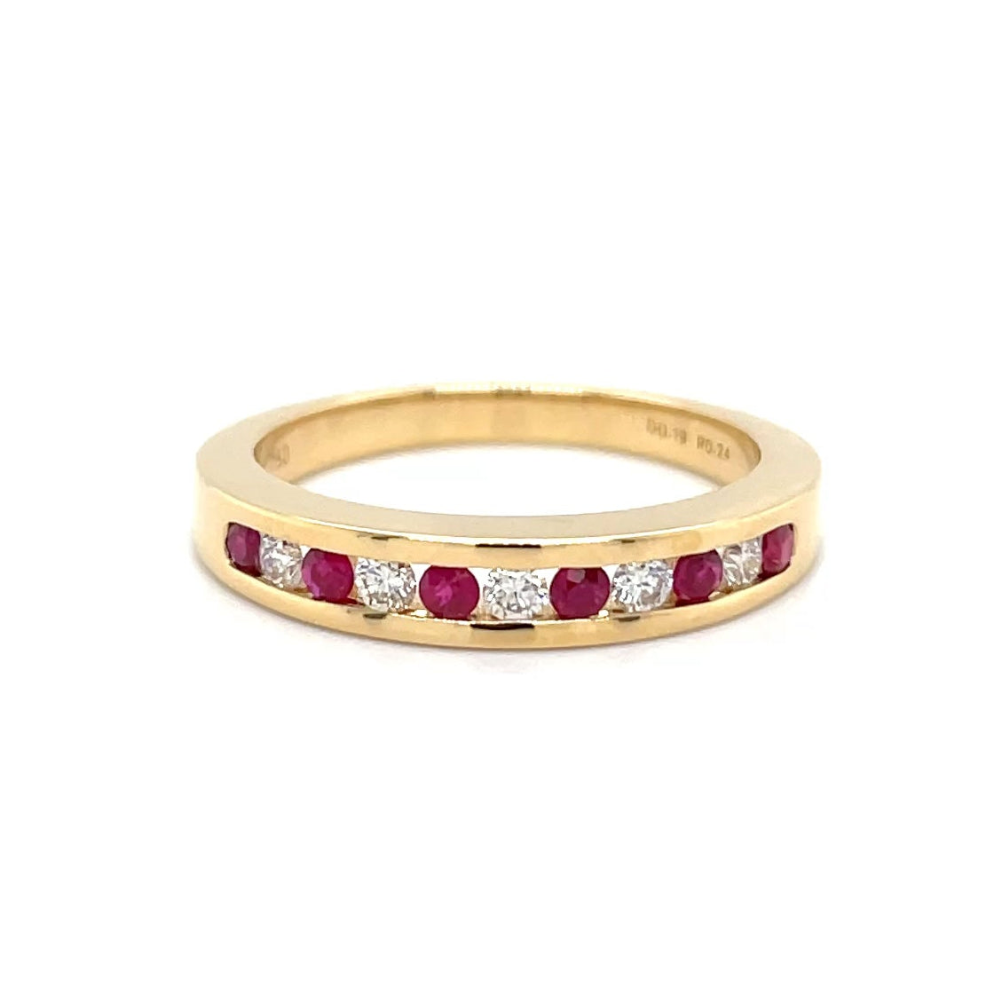 18kt geelgouden rails ring bezet met robijn en diamant