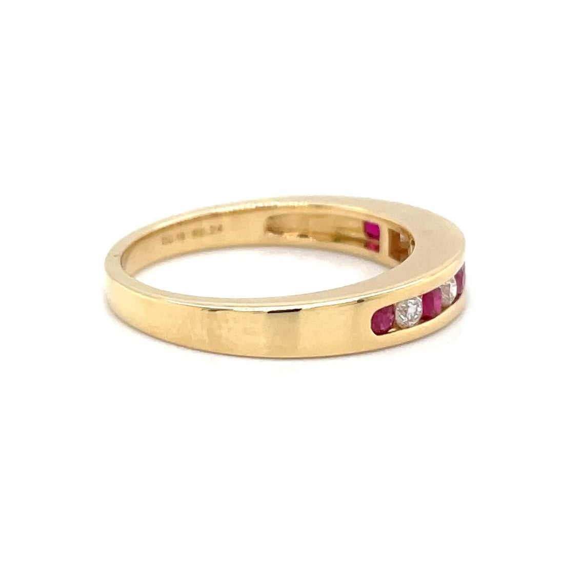 18kt geelgouden rails ring bezet met robijn en diamant
