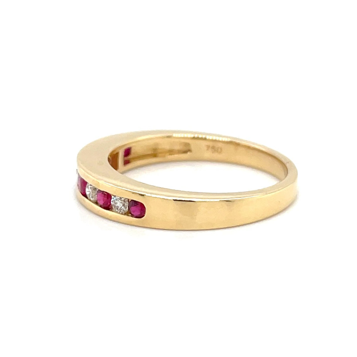 18kt geelgouden rails ring bezet met robijn en diamant