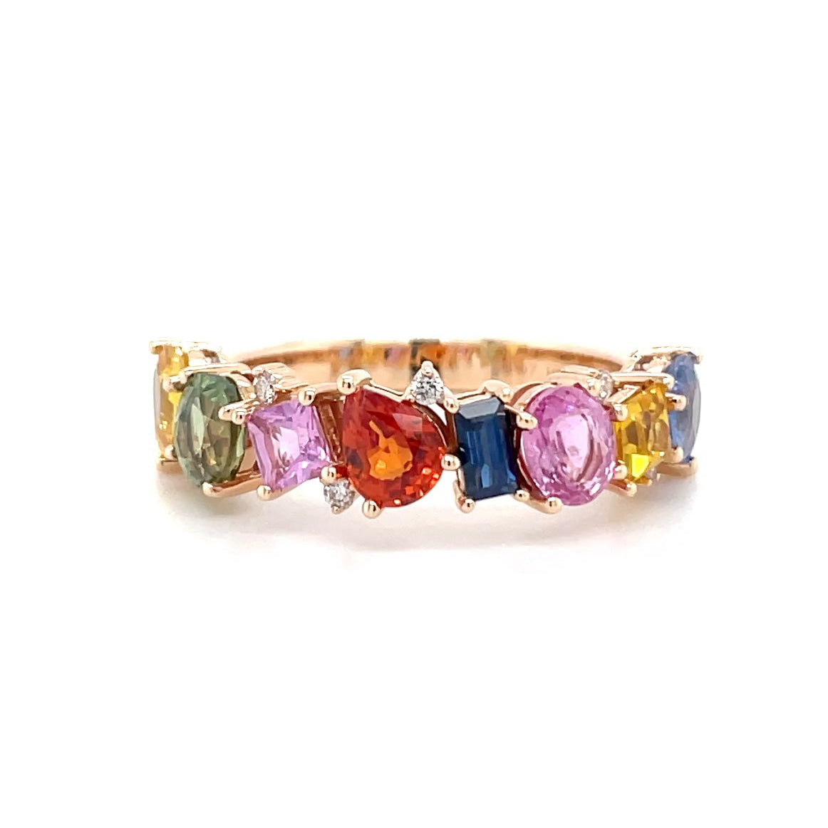 18kt rosegouden ring bezet met multicolor edelstenen, saffier en diamant.