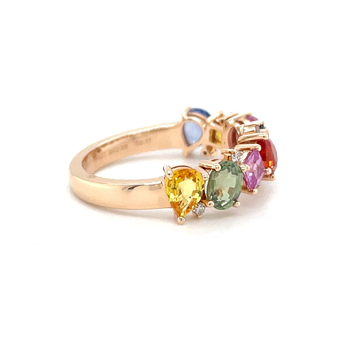 18kt rosegouden ring bezet met multicolor edelstenen, saffier en diamant.