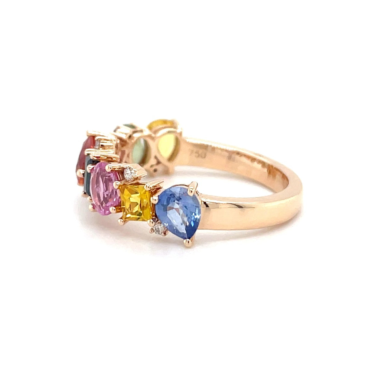 18kt rosegouden ring bezet met multicolor edelstenen, saffier en diamant.