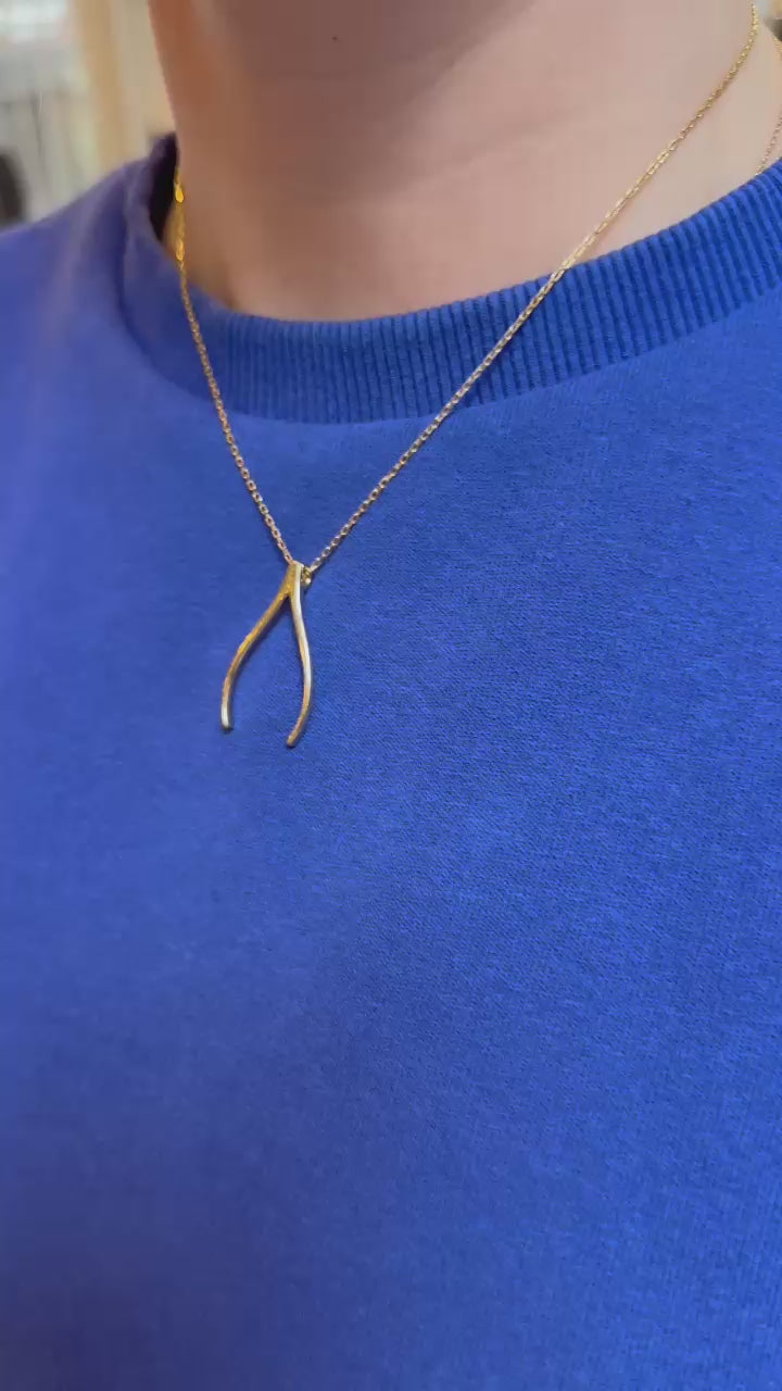 18kt geelgouden collier wishbone hanger voor het aan hangen van een ring